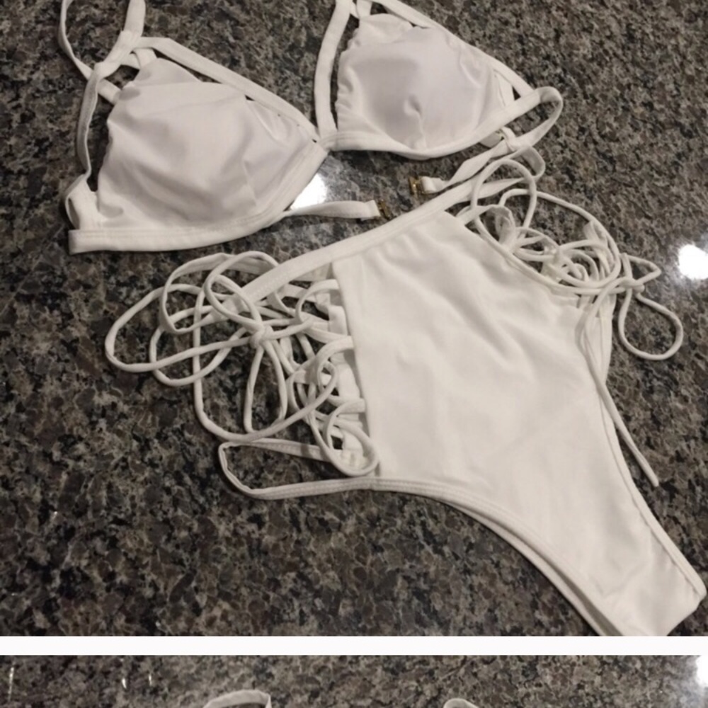 White 2 piece high waisted swim suit